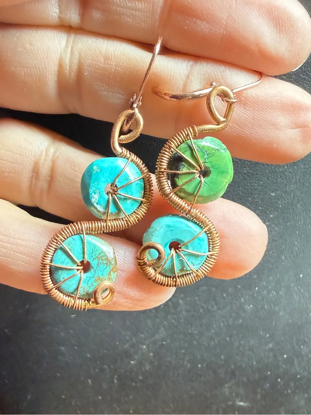 Artisan Made Turquoise Double-Disc Wire-Wrapped Drop Earrings - Picture 2 of 5